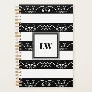 Elegantes Schwarz-weiß gestreiftes Monogramm Planer