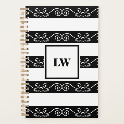 Elegantes Schwarz-weiß gestreiftes Monogramm Planer (Vorderseite)