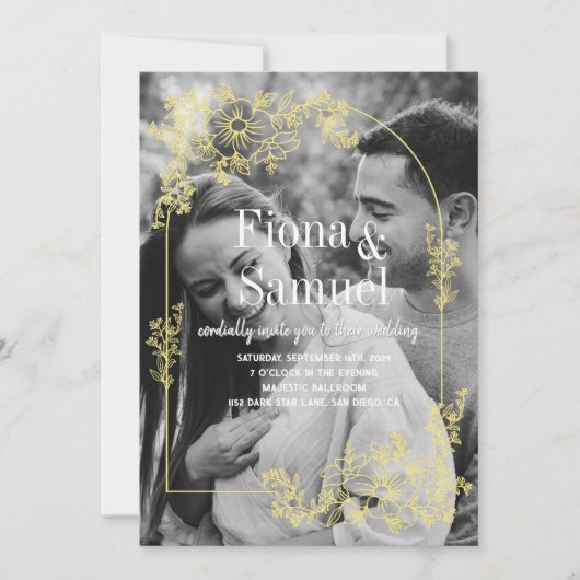 Elegantes Schwarz-Weiß Golden Custom Foto Wedding Einladung (Vorderseite)