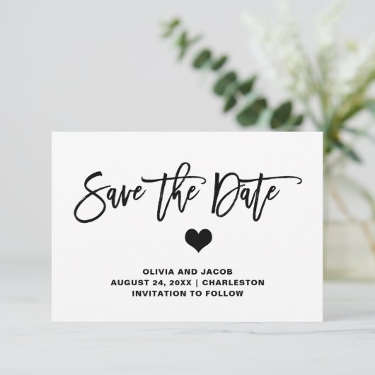 Elegantes Schwarz-Weiß-Herz Save The Date (Stehend Vorderseite)