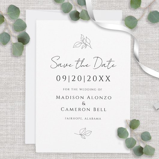 Elegantes Schwarz-Weiß-Hochzeit-Botanisches Blätte Save The Date