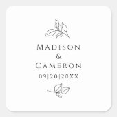 Elegantes Schwarz-Weiß-Hochzeiten Blätter Datum Quadratischer Aufkleber (Vorderseite)