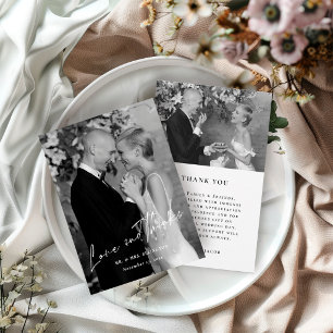 Elegantes Schwarz-Weiß-Hochzeitsfoto mit Schriftzu Dankeskarte