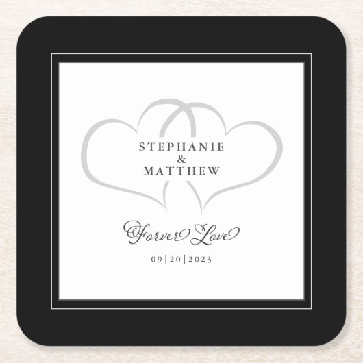 Elegantes Schwarz-Weiß Hochzeitsherz für immer Lie Rechteckiger Pappuntersetzer (Vorderseite)