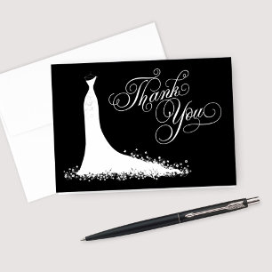 Elegantes Schwarz-Weiß-Hochzeitskleid-Brautparty Dankeskarte