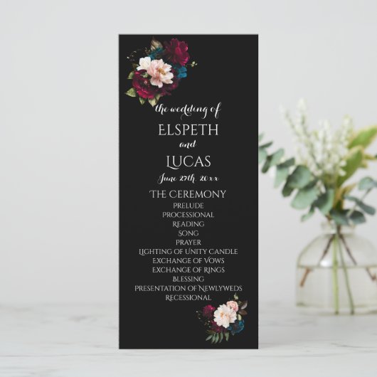 Elegantes Schwarz-Weiß-Hochzeitsprogramm (Stehend Vorderseite)