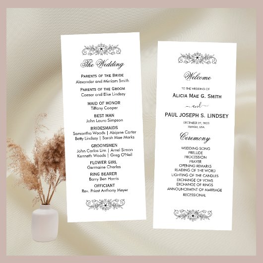 Elegantes Schwarz-Weiß-Hochzeitsprogramm Geblüht