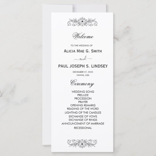 Elegantes Schwarz-Weiß-Hochzeitsprogramm Geblüht (Vorderseite)