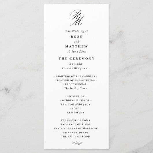 Elegantes Schwarz-Weiß-Hochzeitsprogramm Programm (Vorderseite)