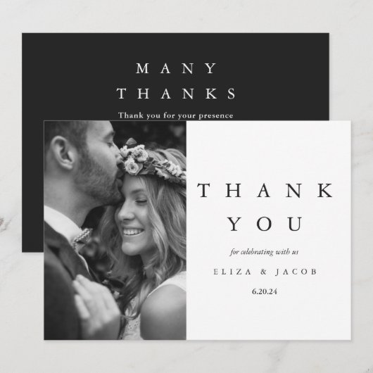 Elegantes Schwarz-Weiß-Hochzeitssemble-Foto Dankeskarte (Vorne/Hinten)