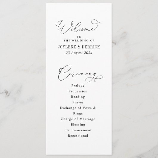 elegantes Schwarz-Weiß-Hochzeitsskript Programm (Vorderseite)