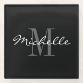 Elegantes Schwarz-Weiß-individuelle Name-Monogramm Glasuntersetzer (Vorderseite)