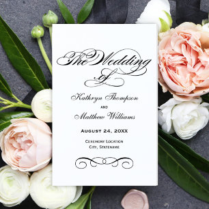 Elegantes Schwarz-Weiß-Kalligrafie-Hochzeitsprogra