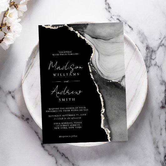 Elegantes Schwarz-Weiß-Marmor-Hochzeit Einladung