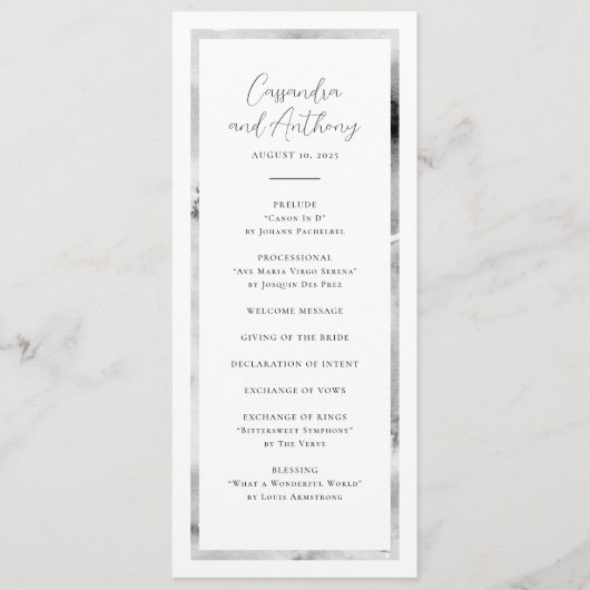 Elegantes Schwarz-Weiß-Marmor-Hochzeit Programm (Vorderseite)