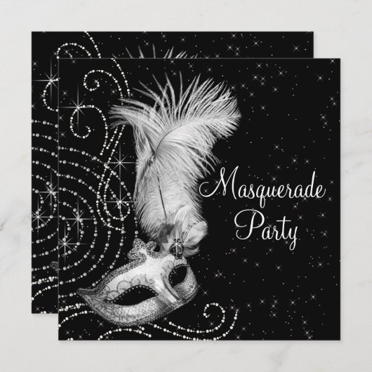 Elegantes Schwarz-Weiß-Masquerade-Party Einladung (Vorne/Hinten)