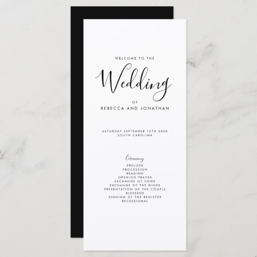 Elegantes Schwarz-weiß-Minimal-Hochzeitsprogramm (Vorne/Hinten)