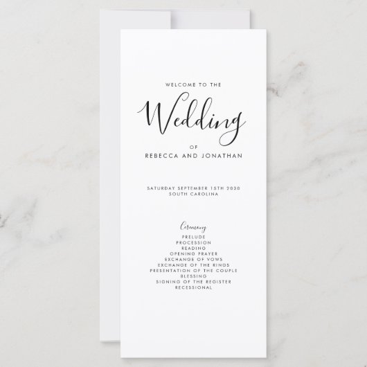 Elegantes Schwarz-weiß-Minimal-Hochzeitsprogramm (Vorderseite)