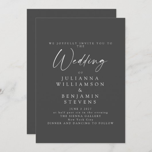 Elegantes Schwarz-Weiß-Minimalistisches Skript-Hoc Einladung (Vorne/Hinten)