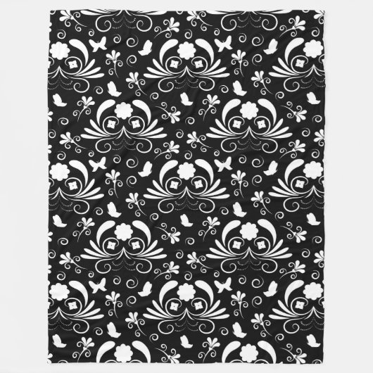 Elegantes Schwarz-Weiß mit Blumen Fleecedecke (Vorderseite)
