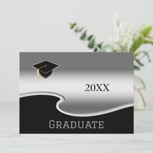 Elegantes Schwarz/Weiß mit Foto Abschluss Ankündigung (Stehend Vorderseite)