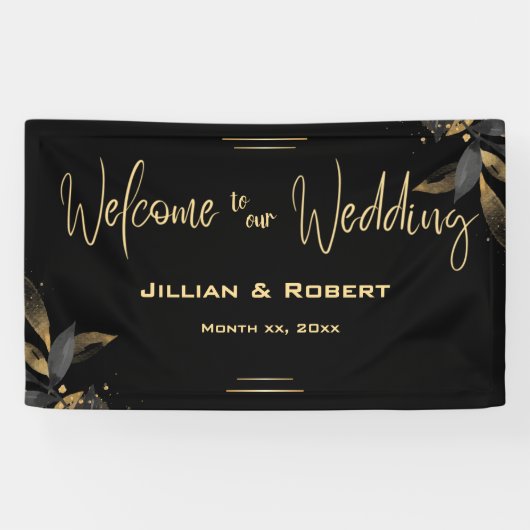 Elegantes Schwarz & Weiß, mit Gold-Hochzeitsanging Banner (Horizontal)