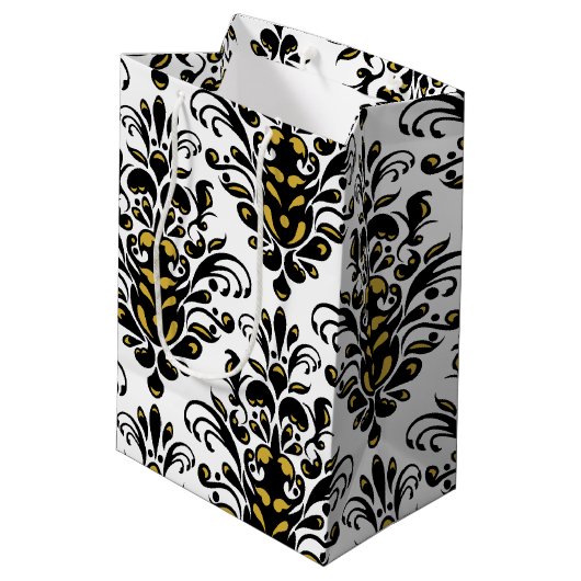 Elegantes Schwarz-Weiß mit Touch von Goldstaub Mittlere Geschenktüte (Rückseite Schrägansicht)