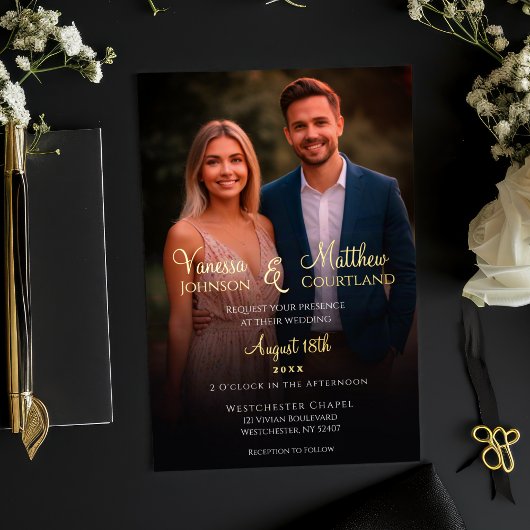 Elegantes Schwarz/Weiß Modernes Foto Hochzeit Gold Folieneinladung