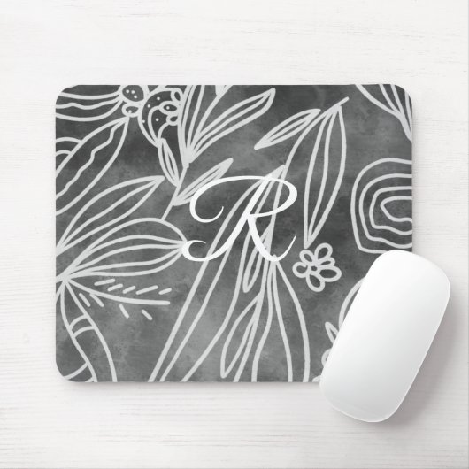 Elegantes Schwarz-Weiß-Monogramm-Blätter Zeichnend Mousepad (Mit Mouse)