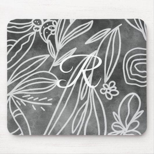 Elegantes Schwarz-Weiß-Monogramm-Blätter Zeichnend Mousepad (Vorne)