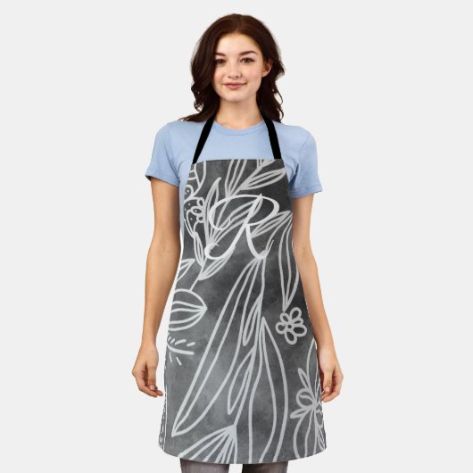 Elegantes Schwarz-Weiß-Monogramm-Blätter Zeichnend Schürze (Getragen)