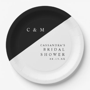 Elegantes Schwarz-Weiß-Monogramm-Brautparty Pappteller