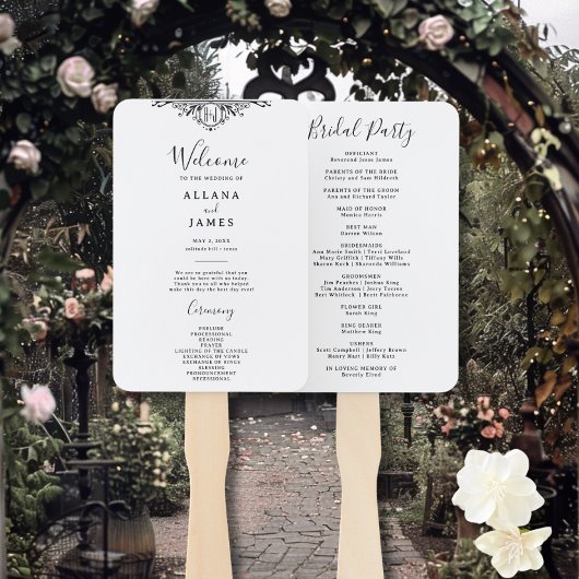 Elegantes Schwarz-Weiß-Monogramm-Hochzeitsprogramm Fächer