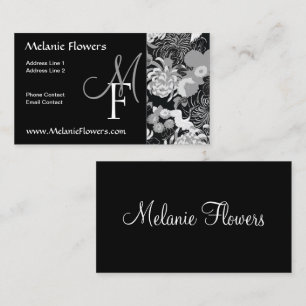 Elegantes Schwarz-Weiß-Monogramm mit Vintage-Blume Visitenkarte