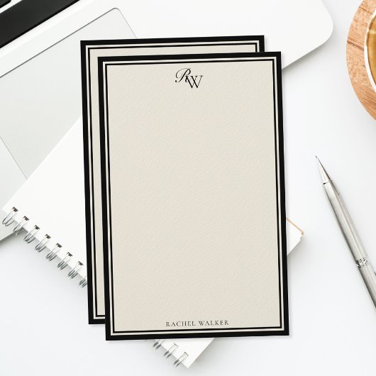 Elegantes Schwarz-Weiß-Monogramm mit zwei Rändern Briefpapier
