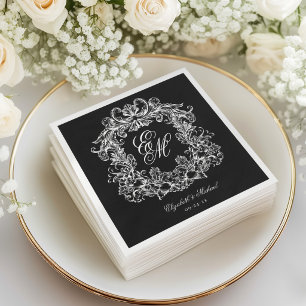 Elegantes Schwarz-Weiß-Monogramm-Wappen-Script-Hoc Serviette