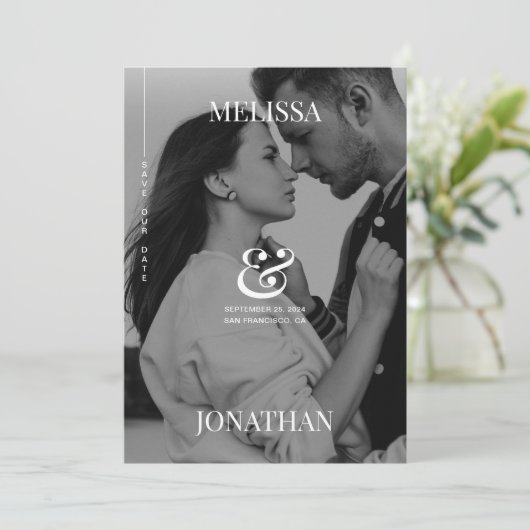 Elegantes Schwarz-Weiß-Overlay-Foto Save the Date Einladung (Stehend Vorderseite)