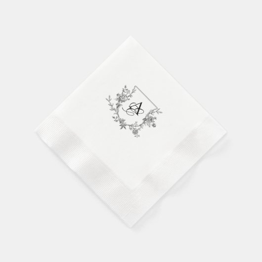 Elegantes Schwarz-Weiß-Peony-Monogramm Serviette (Ecke)