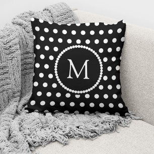 Elegantes Schwarz-Weiß-Polka-Punkte-Monogramm Kissen