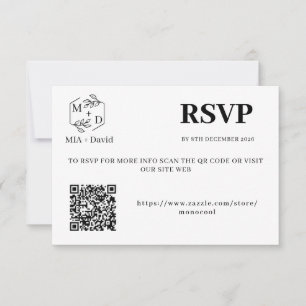 Elegantes Schwarz-Weiß-QR-Code-Hochzeitsmonogramm RSVP Karte