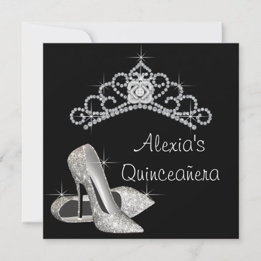 Elegantes Schwarz-Weiß-Quinceanera Einladung (Vorderseite)