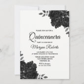 Elegantes Schwarz & Weiß Rose Quinceanera Einladun Einladung (Vorderseite)