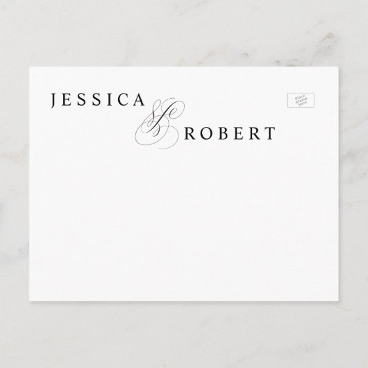 Elegantes Schwarz/Weiß Save the Date Ankündigungspostkarte (Rückseite)