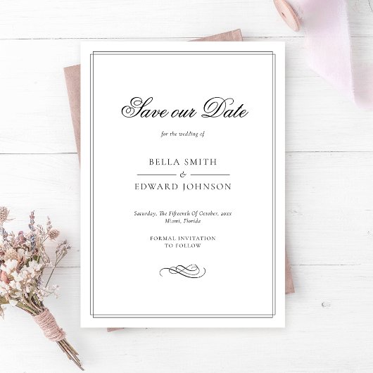 Elegantes Schwarz/Weiß Save the Date Einladung