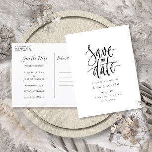 Elegantes Schwarz-Weiß-Save-the-Date-Manuskript Ankündigungspostkarte