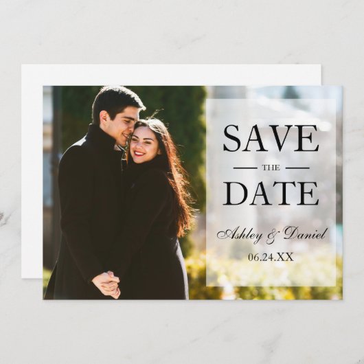 Elegantes Schwarz-Weiß-Save the Date-Overlay-Foto Save The Date (Vorne/Hinten)