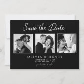 Elegantes Schwarz-Weiß-Script 3 Foto Hochzeit Save The Date (Vorderseite)