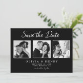 Elegantes Schwarz-Weiß-Script 3 Foto Hochzeit Save The Date (Stehend Vorderseite)