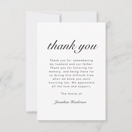 Elegantes Schwarz-Weiß-Script-Begräbnis-Foto Dankeskarte (Rückseite)