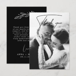 Elegantes Schwarz-Weiß-Script-Foto Hochzeit Dankeskarte